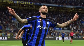 Inter Milan midfielder Marcelo Brozovic celebrates after scoring the winning goal for his team during the Serie A match between Inter Milan and Torino on 10 September, 2022 at the San Siro in Milan, Italy