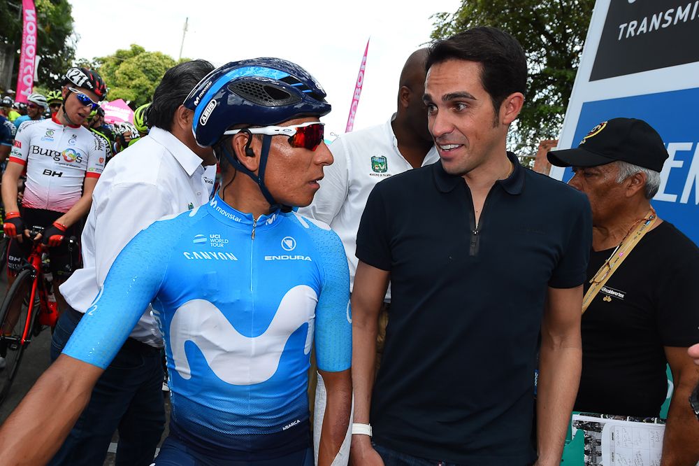 Nairo Quintana (Movistar) chats with former Grand Tour rival Alberto Contador