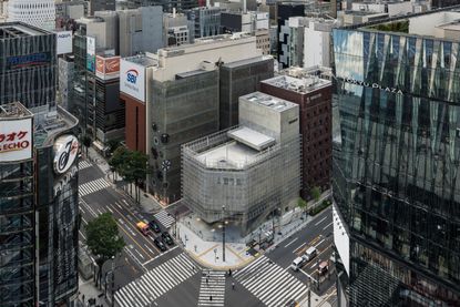 Ginza Sony Park seen from the air with its grey volume