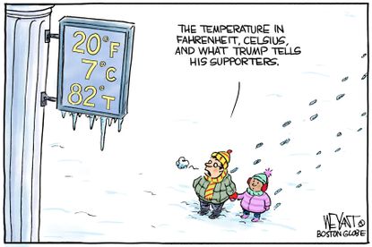 Political cartoon U.S. Trump lies fake news snow weather