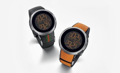 The I-Gucci Sport Watch comes with a performance-ready perforated-rubber racer strap, available in three colours: black, orange and cobalt blue