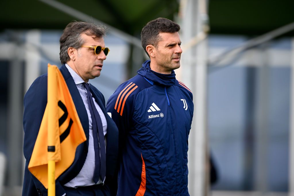 Cristiano Giuntoli, Thiago Motta of Juventus during the UEFA Champions League 2024/25 League Phase MD3 training and press conference at Juventus Stadium on October 21, 2024 in Turin, Italy. 