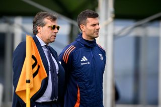 Cristiano Giuntoli, Thiago Motta of Juventus during the UEFA Champions League 2024/25 League Phase MD3 training and press conference at Juventus Stadium on October 21, 2024 in Turin, Italy.