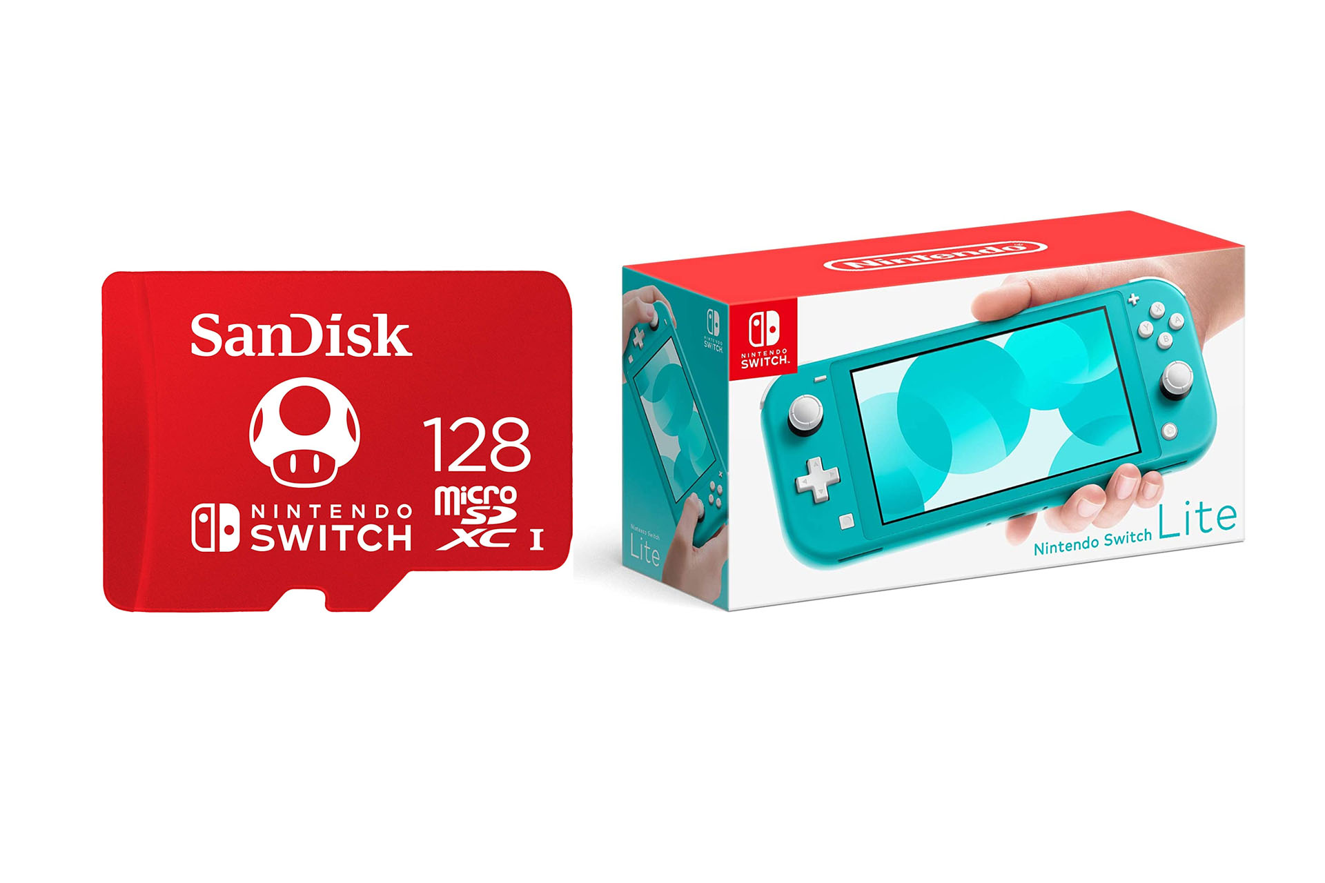 Product shots of both the Nintendo switch lite in turquoise and the Nintendo 128GB MircoSD card