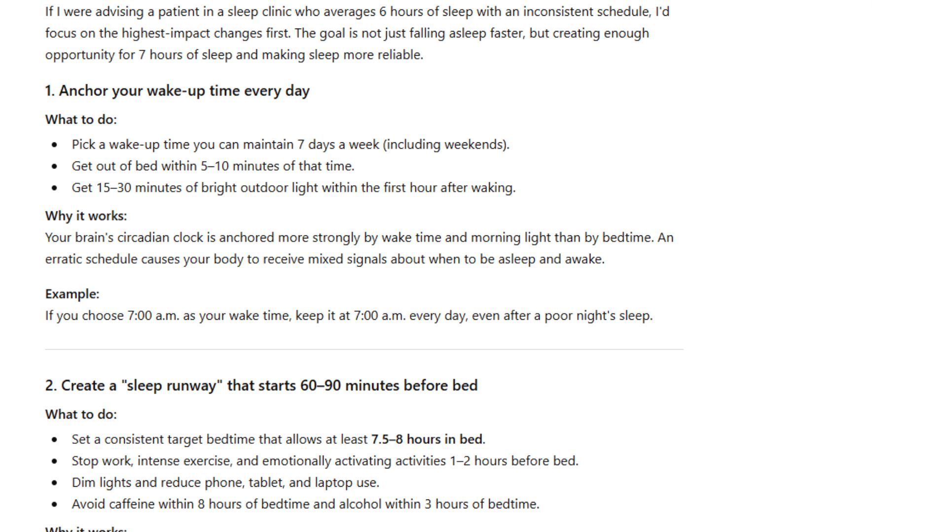 A screenshot of ChatGPT's sleep health advice