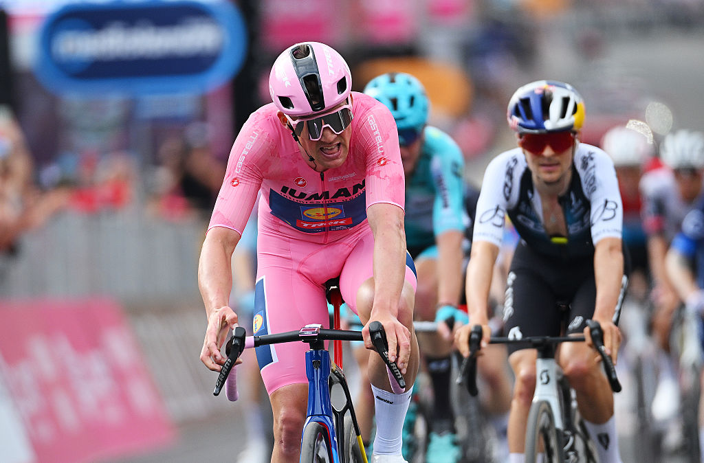 LECCE, ITALY - MAY 14: Stage winner Mads Pedersen of Denmark and Team Lidl - Trek - Pink Leader Jersey reacts crossing the finish line the 108th Giro d&amp;amp;apos;Italia 2025, Stage 5 a 151km stage from Ceglie Messapica to Lecce / #UCIWT / on May 14, 2025 in Lecce, Italy. (Photo by Tim de Waele/Getty Images)