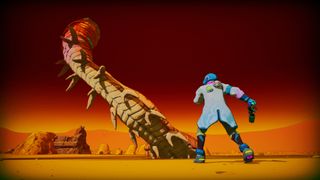 A blue spaceman fights a giant worm