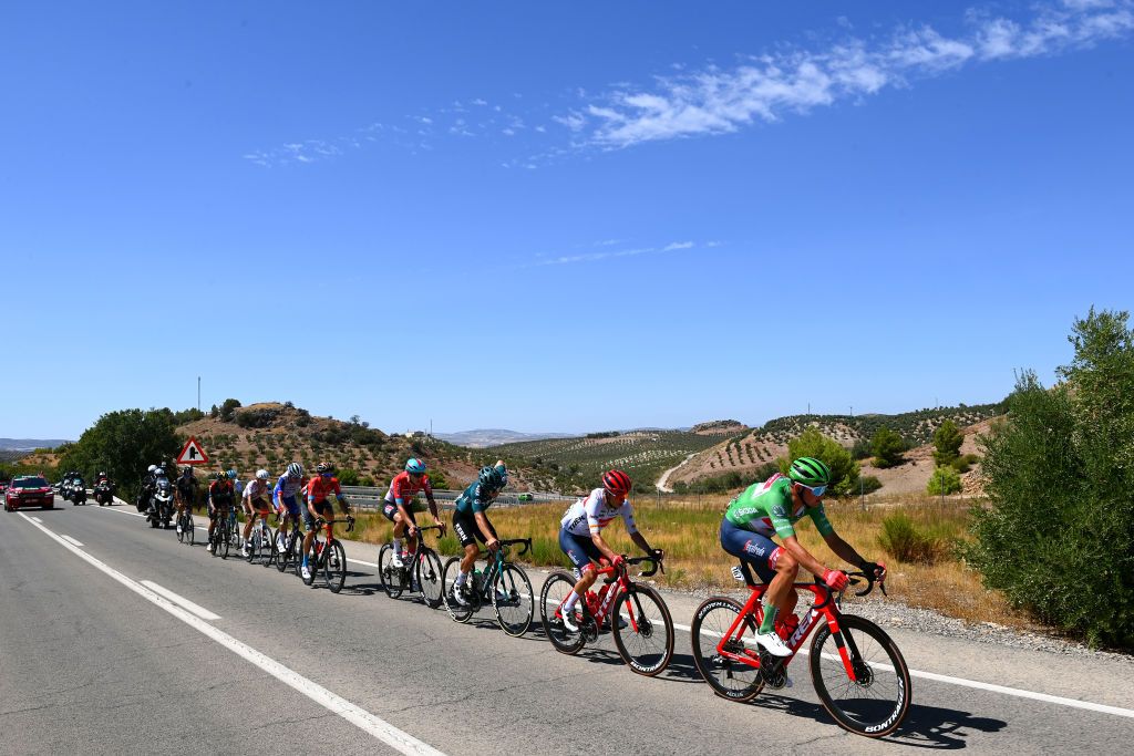 SIERRA DE LA PANDERA SPAIN SEPTEMBER 03 Clment Champoussin of France and AG2R Citren Team Alexey Lutsenko of Kazahkstan and Team Astana Qazaqstan Luis Leon Sanchez Gil of Spain and Team Bahrain Victorious Bruno Armirail of France and Team Groupama FDJ Richard Carapaz of Ecuador and Team INEOS Grenadiers Filippo Conca of Italy and Team Lotto Soudal Marco Brenner of Germany and Team DSM Kenny Elissonde of France and Team Trek Segafredo Ral Garca Pierna of Spain and Team Equipo Kern Pharma and Mads Pedersen of Denmark and Team Trek Segafredo Green Points Jersey compete in the breakaway during the 77th Tour of Spain 2022 Stage 14 a 1603km stage from Montoro to Sierra de La Pandera 1815m LaVuelta22 WorldTour on September 03 2022 in Sierra de La Pandera Spain Photo by Tim de WaeleGetty Images