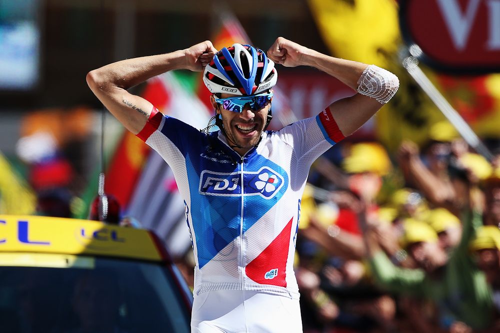 Thibaut Pinot celebrates winning stage 20 of the 2015 Tour de France