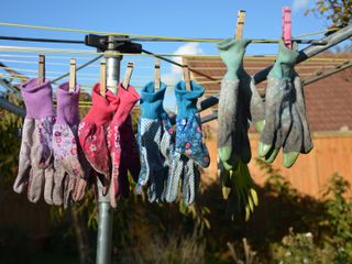 washing line with several pairs of colourful gardening gloves hanging from it
