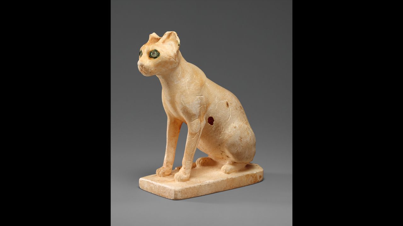 A cosmetic vessel in the shape of a cat, dating to Egypt's Old Kingdom (1990&ndash;1900 B.C.).