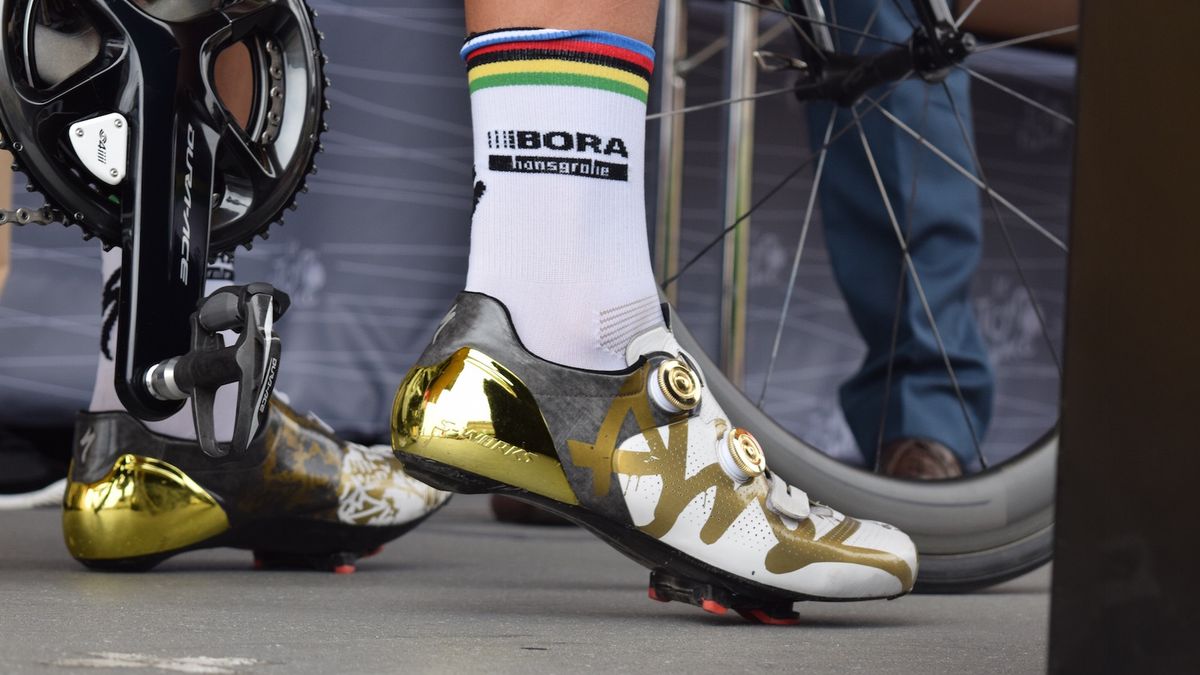 Two-time world champion Peter Sagan wears custom S-Works 6 shoes, with the word 'Allez' written on the side