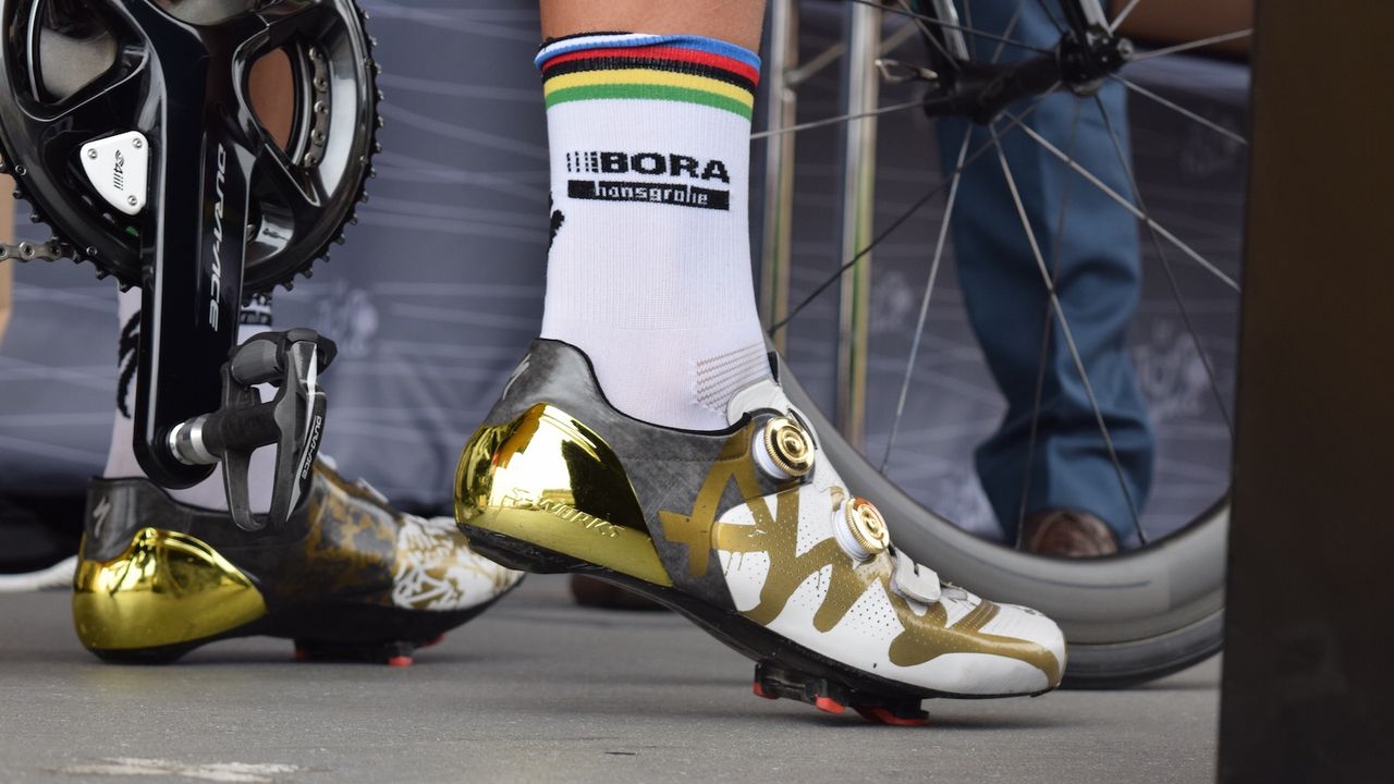 Two-time world champion Peter Sagan wears custom S-Works 6 shoes, with the word 'Allez' written on the side