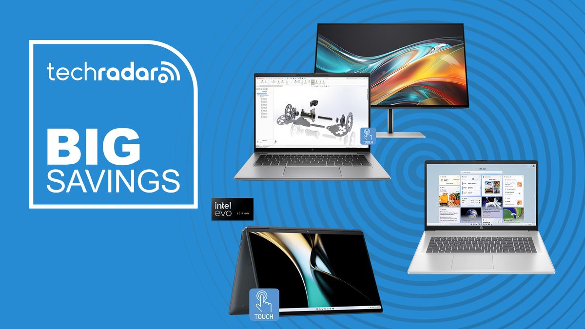 HP laptops on a blue background with the techradar logo and text Big Savings