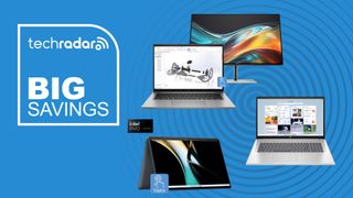 HP laptops on a blue background with the techradar logo and text Big Savings