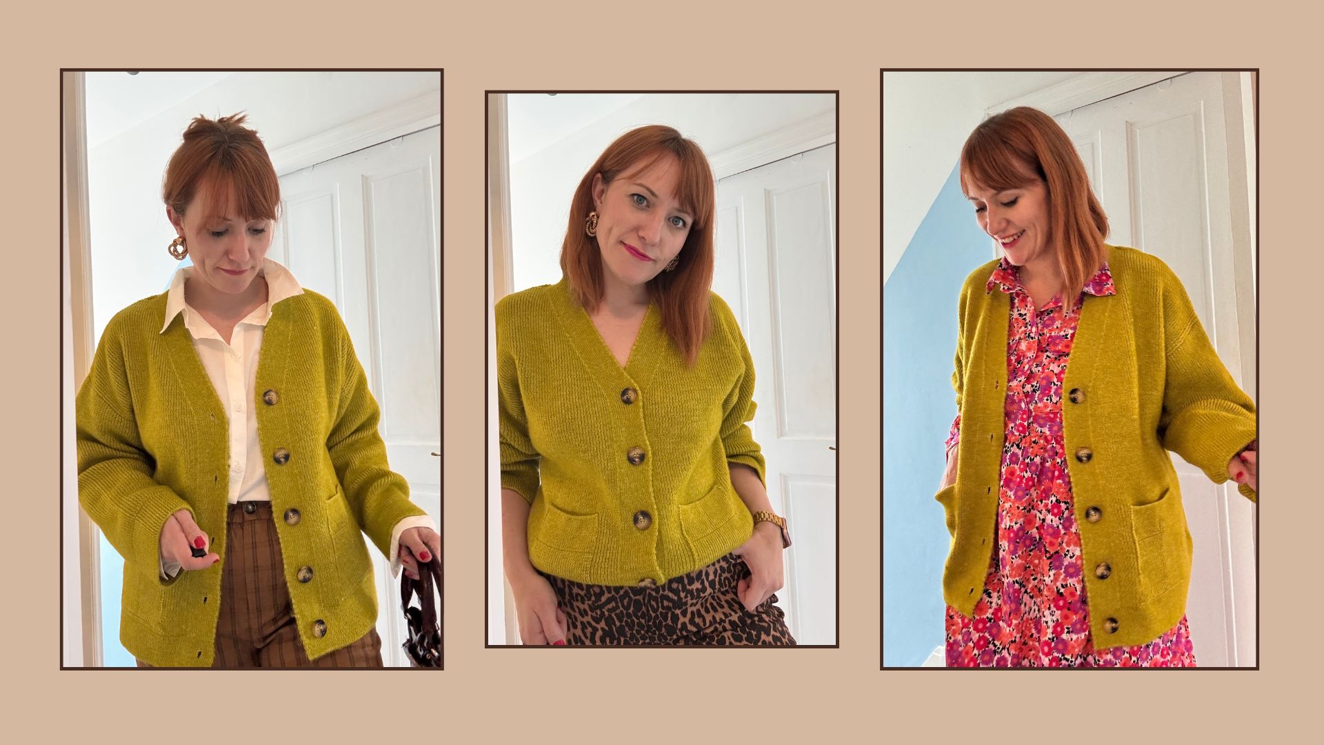 Three shots of matilda wearing the asos green cardigan with different outfits