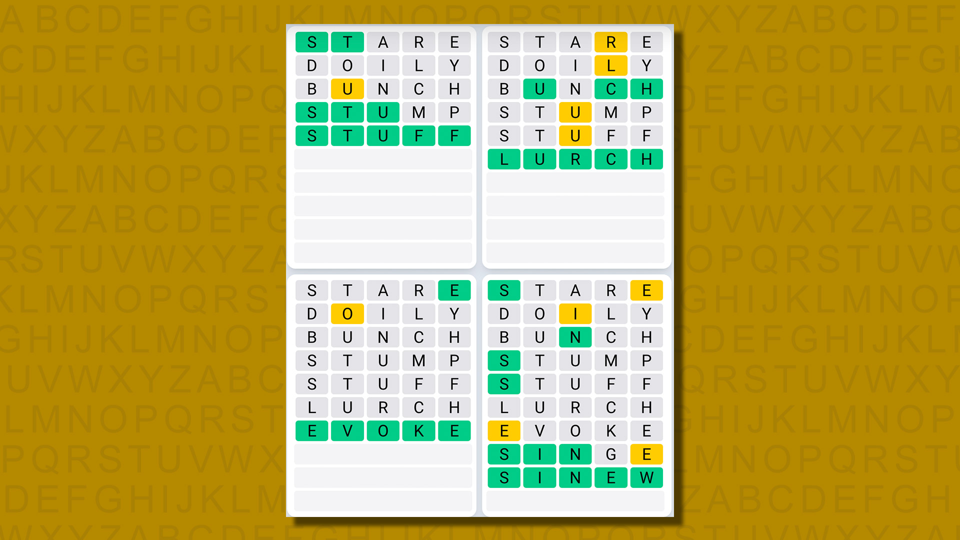 Quordle daily sequence answers for game 657 on a yellow background