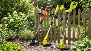 Three of the best cordless strimmers rested against a wooden fence in a garden with flower beds 