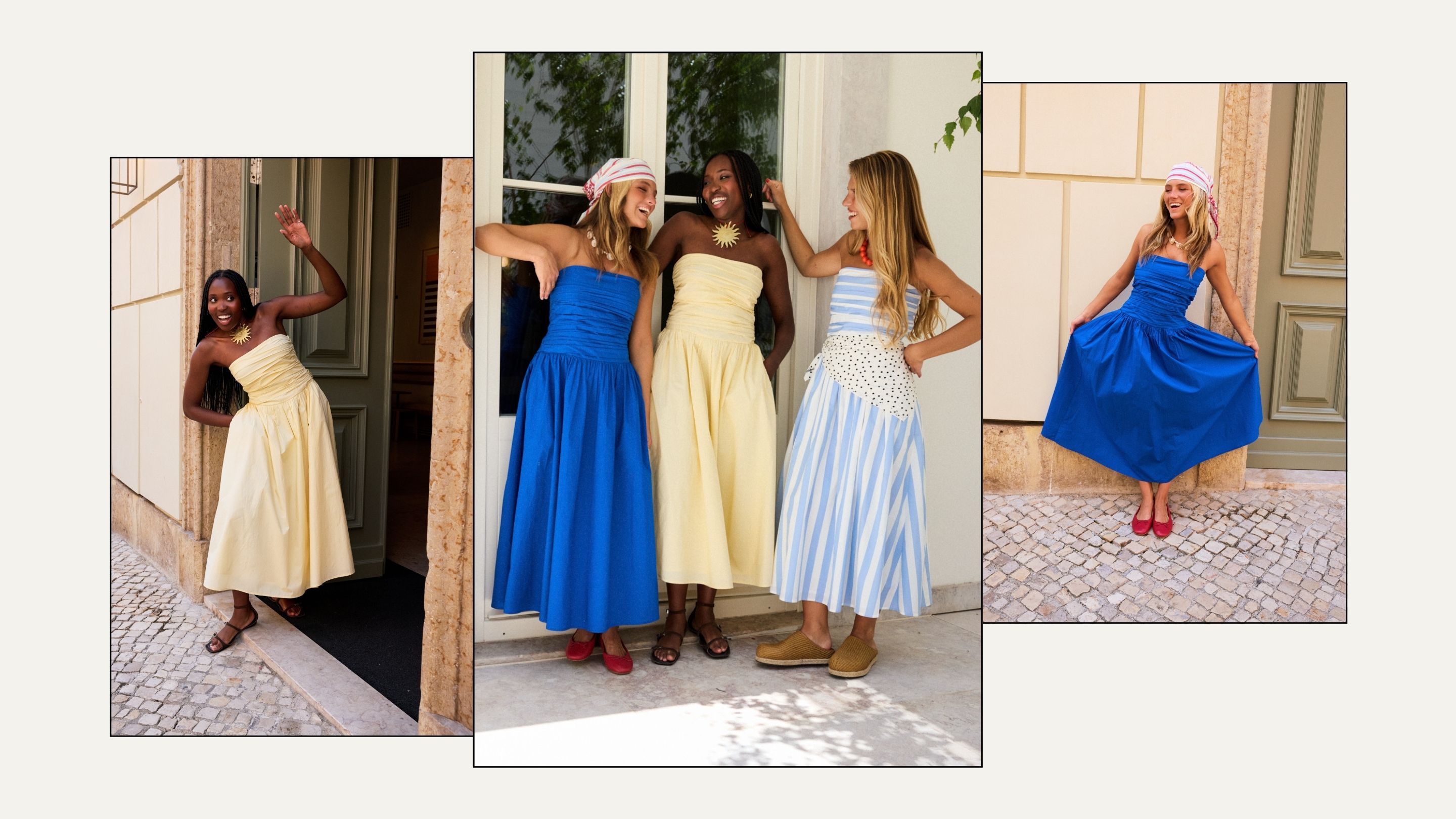 Three women wear bandeau dresses