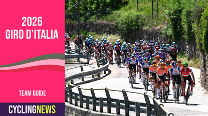 Front shot of peloton with pink Giro graphic banner overlaid on the left