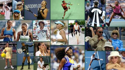 A collage featuring sports and fashion photos from the US Open over the course of its history.