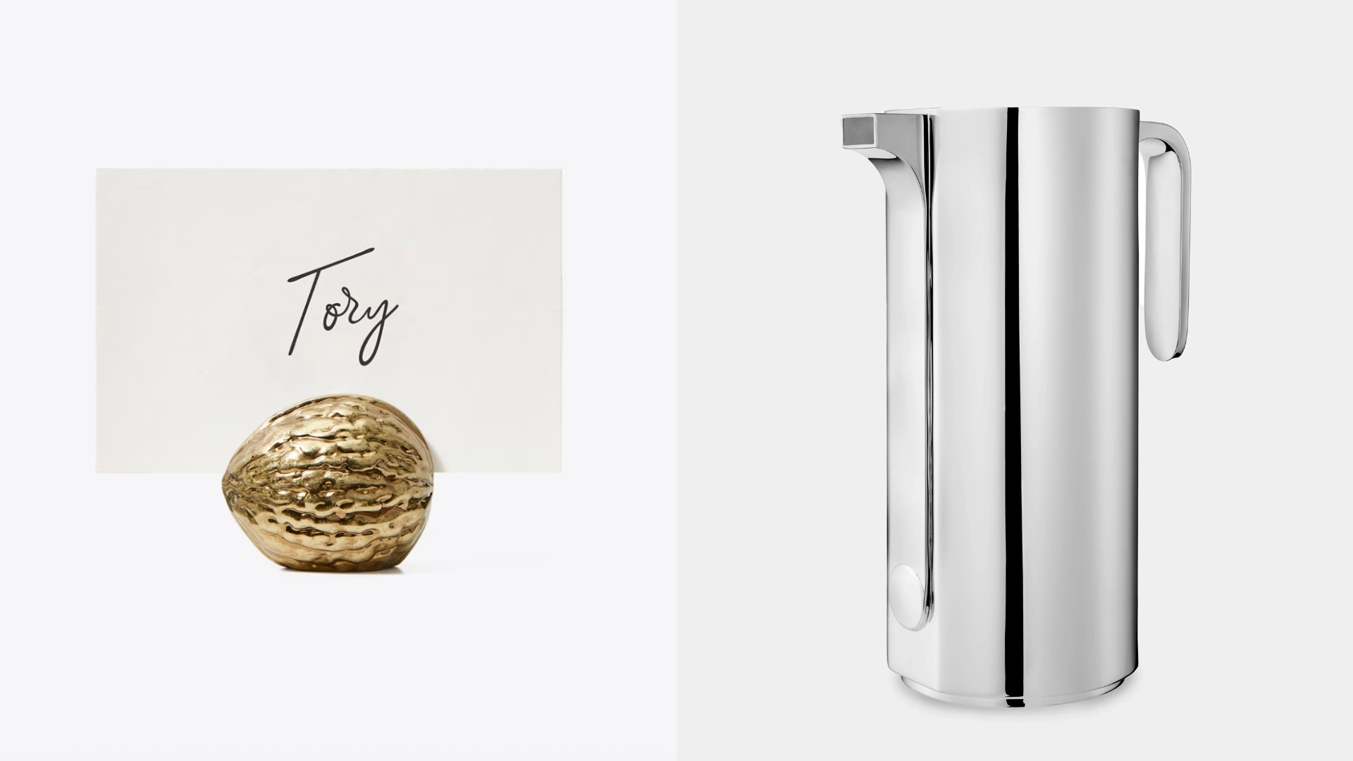 Modern Thanksgiving Decor walnut placecard holder and silver pitcher