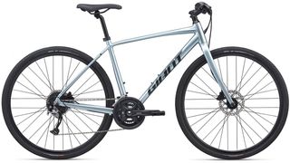 Giant Escape 1 Disc is side on in this image, revealing a chrome like finish frame and fork