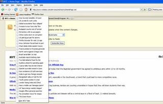 Firefox 2.0 comes pre-installed with bookmarks of several sites with RSS feeds. Users can also add their own to the RSS list, which is controlled by a button directly below the navigation toolbar.