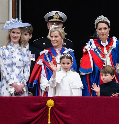 Lady Louise, Duchess Sophie, Princess Charlotte, Prince Louise and Kate Middleton on the balcony of Buckingham Palace during King Charles's coronation