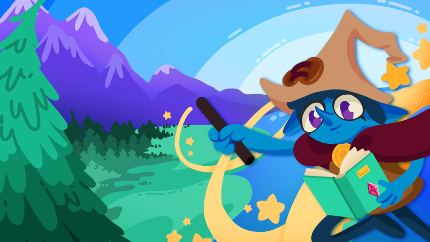 A young witch waves her wand around some trees and mountains