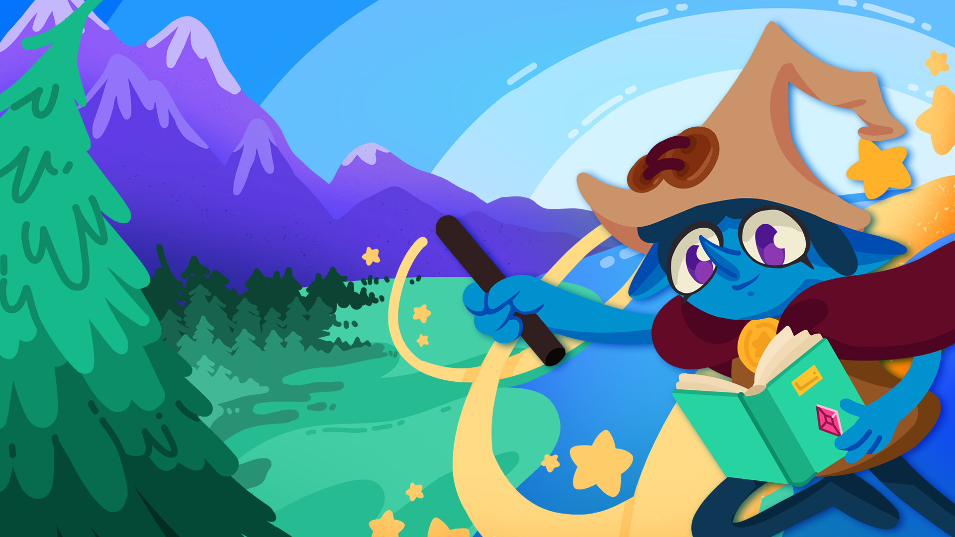 A young witch waves her wand around some trees and mountains