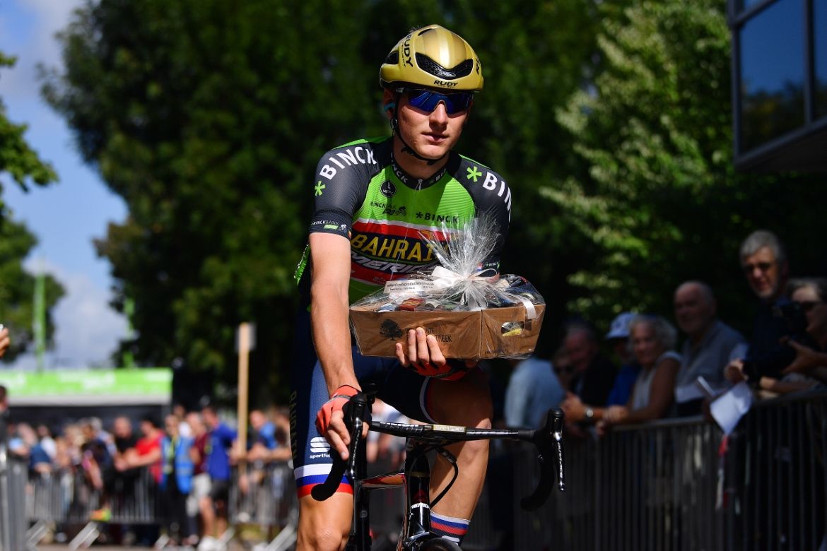 Matej Mohoric in the leader's jersey