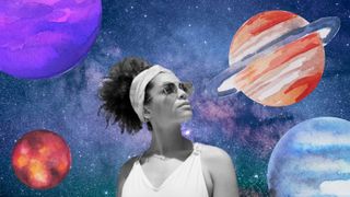 woman in sunglasses in black and white looking at planets colorful sky colorful planets