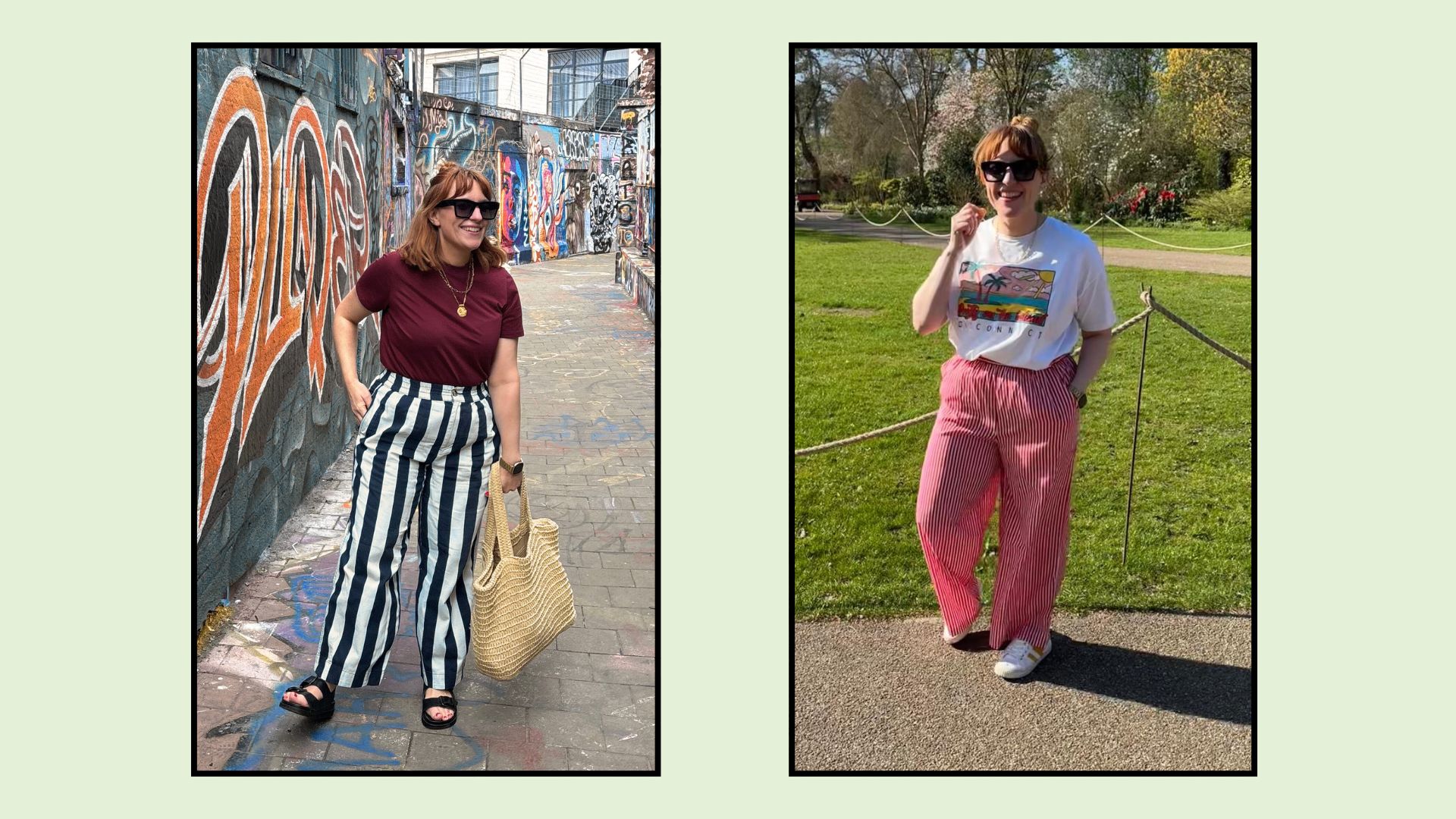two pictures of matilda wearing stripey trousers