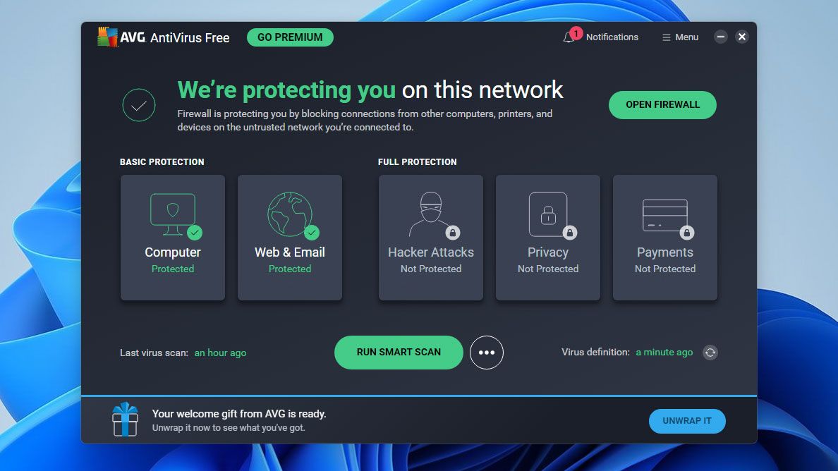 A screenshot of AVG AntiVirus Free&amp;#039;s main dashboard