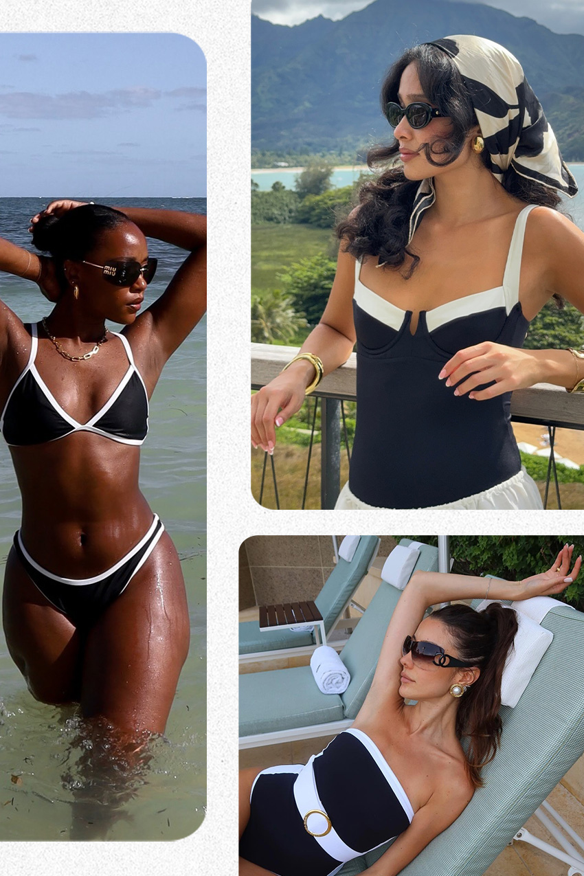 A collage of a woman wearing sunglasses, a gold chain, and a black bikini with white contrasting piping, a woman wearing a black and white headscarf, black sunglasses, and a black-and-white one-piece suit, and a woman wearing black sunglasses, gold earrings, and a strapless black color-block swimsuit.