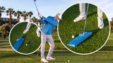 Ged Walters demonstrating how to release lag in the golf swing, with two inset images of common misconceptions made by many amateur golfers