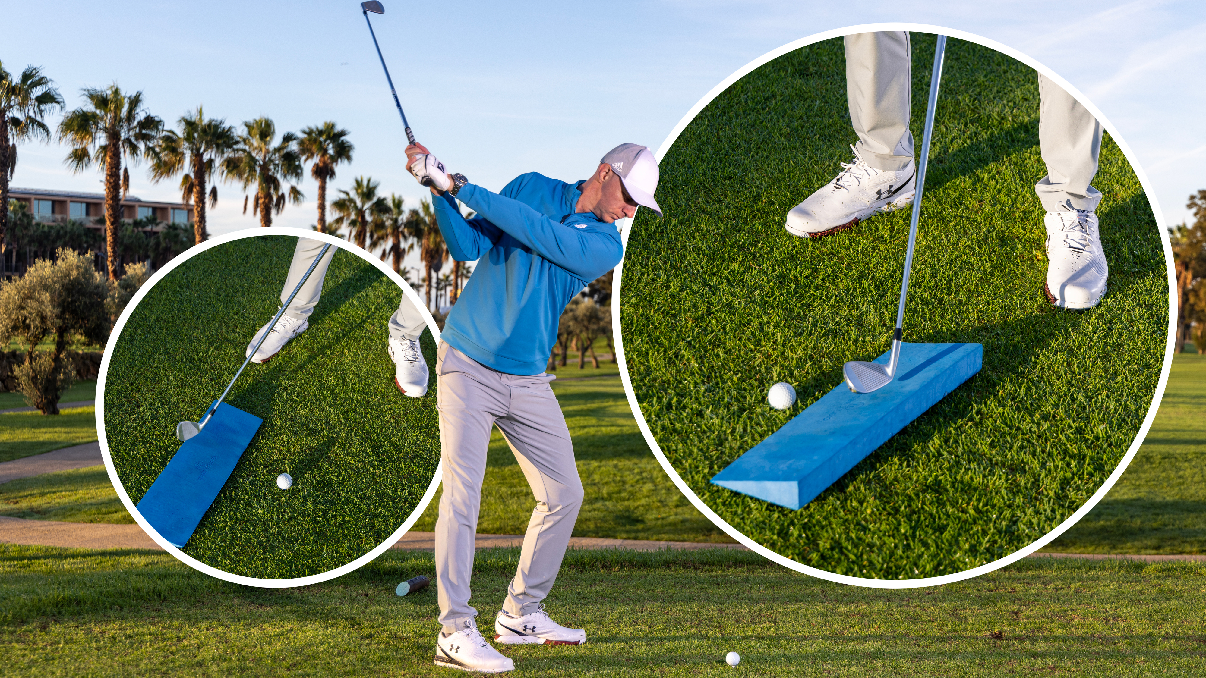Ged Walters demonstrating how to release lag in the golf swing, with two inset images of common misconceptions made by many amateur golfers