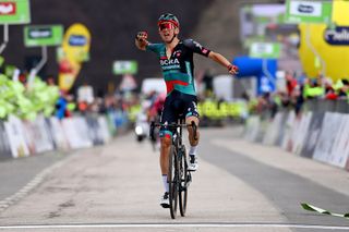 BRENTONICO SAN VALENTINO ITALY APRIL 19 Lennard Kmna of Germany and Team BORAHansgrohe celebrates at finish line as stage winner during the 46th Tour of the Alps 2023 Stage 3 a 1625km stage from Ritten to Brentonico San Valentino 1321m on April 19 2023 in Brentonico San Valentino Italy Photo by Tim de WaeleGetty Images