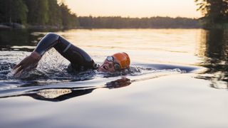 A person swimming in a lake at sunset