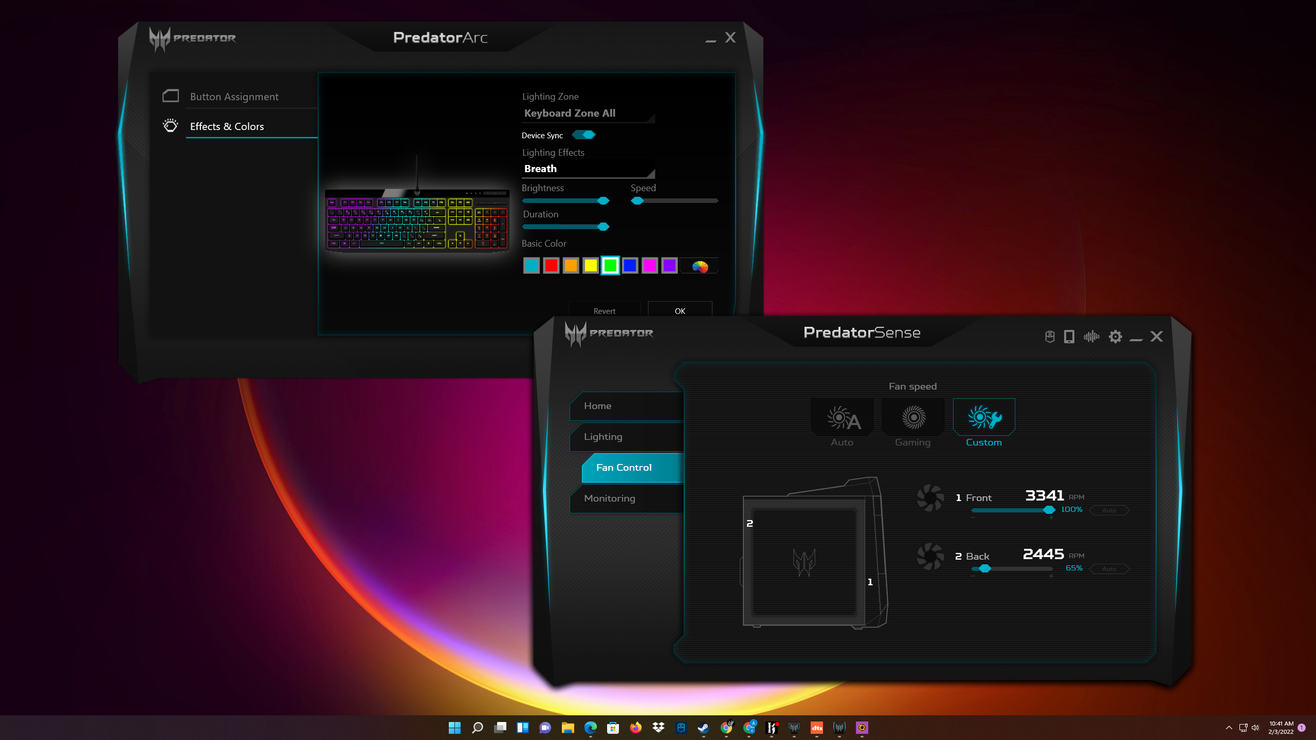 Acer Predator Orion 3000 desktop showing PredatorSense software open