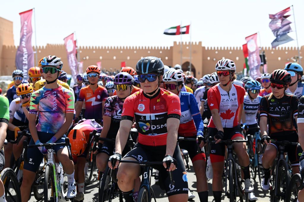 AL DHAFRA CASTLE ABU DHABI UNITED ARAB EMIRATES FEBRUARY 10 Charlotte Kool of The Netherlands and Team DSM Red Leader Jersey prior to the 1st UAE Tour Women 2023 Stage 2 a 133km stage from Al Dhafra Castle to Al Mirfa UAETourWomen UCIWWT on February 10 2023 in Al Dhafra Castle United Arab Emirates Photo by Tim de WaeleGetty Images