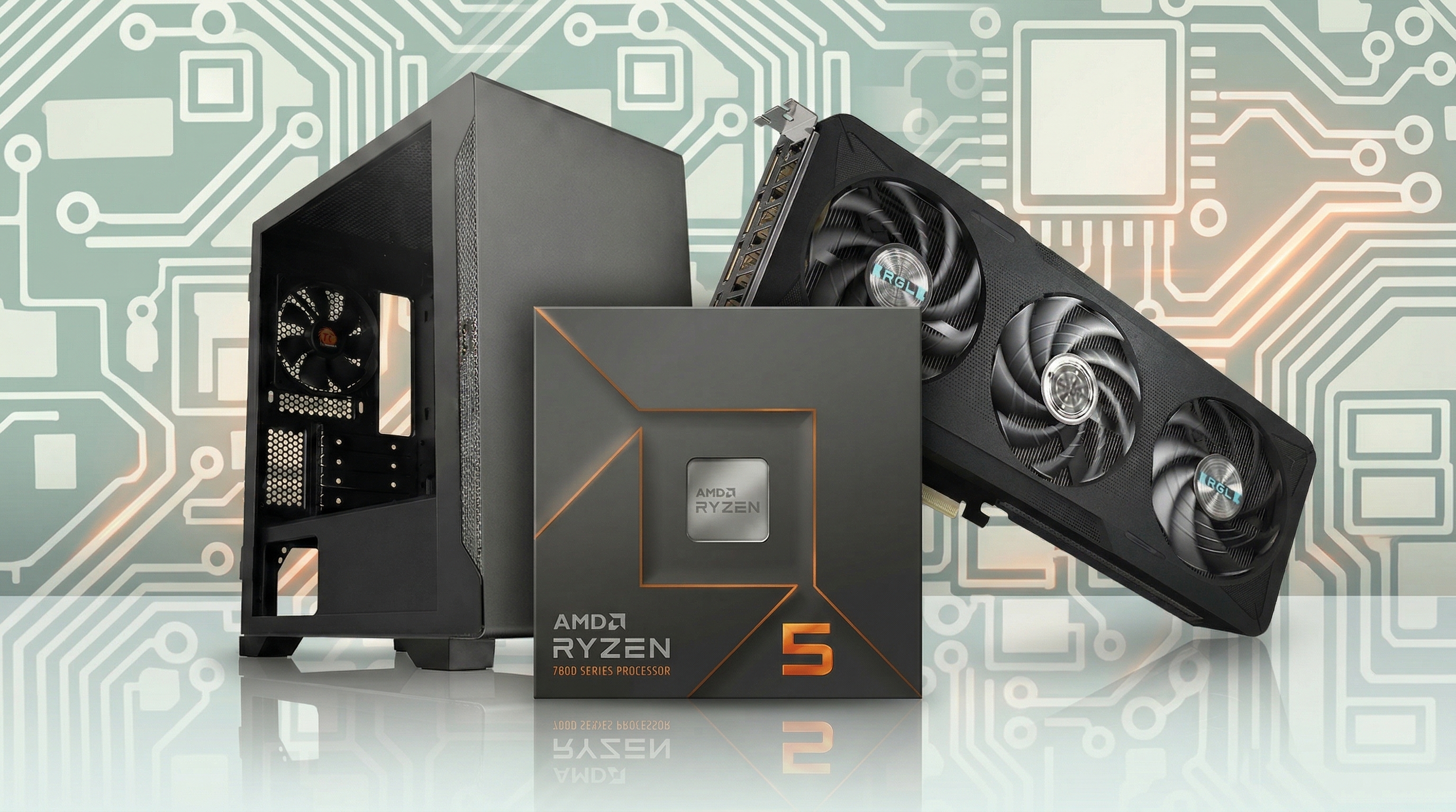 A gaming PC case, CPU, and graphics card arranged on a circuit board-style background