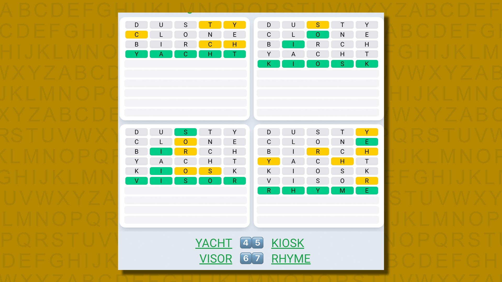 Quordle ежедневные последовательности ответов для игры 569 на желтом фоне