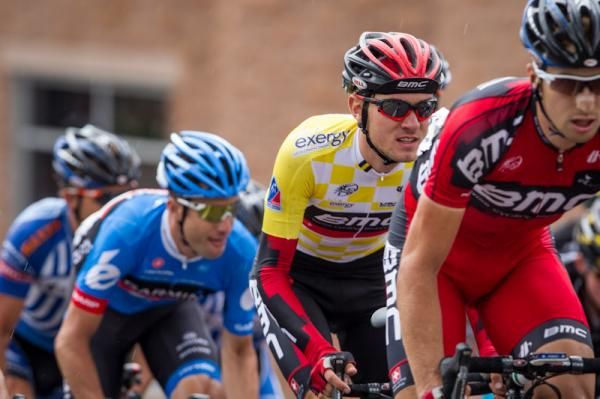 Christian Vande Velde (Garmin-Sharp) pays close attention to race leader Tejay van Garderen (BMC) on the finishing circuits in Colorado Springs.