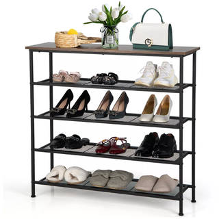 a shoe storing unit with a table top on top for a hallway