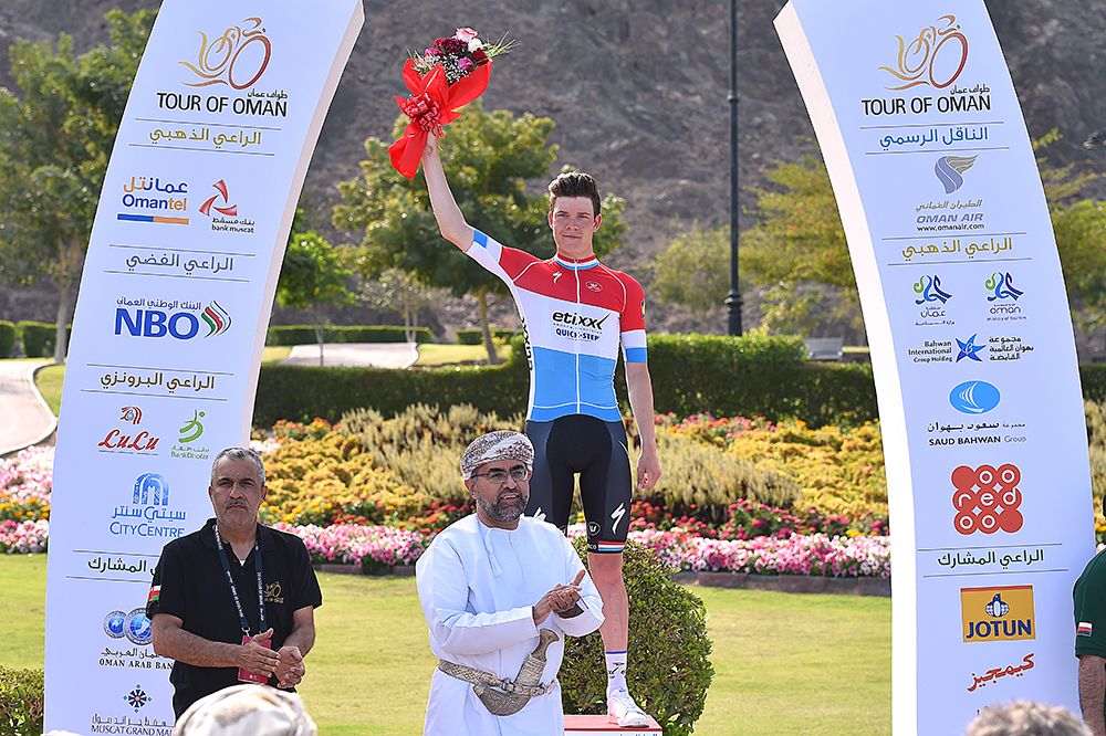 Bob Jungels on the podium after winning stage 1 of the Tour of Oman