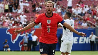 TAMPA, FL - JUNE 06: England forward Harry Kane (9) celebrates after his goal in the first half during the friendly soccer match between England and New Zealand on Saturday, June 6, 2026 at Raymond James Stadium in Tampa, FL (Photo by Peter Joneleit/Icon Sportswire via Getty Images)