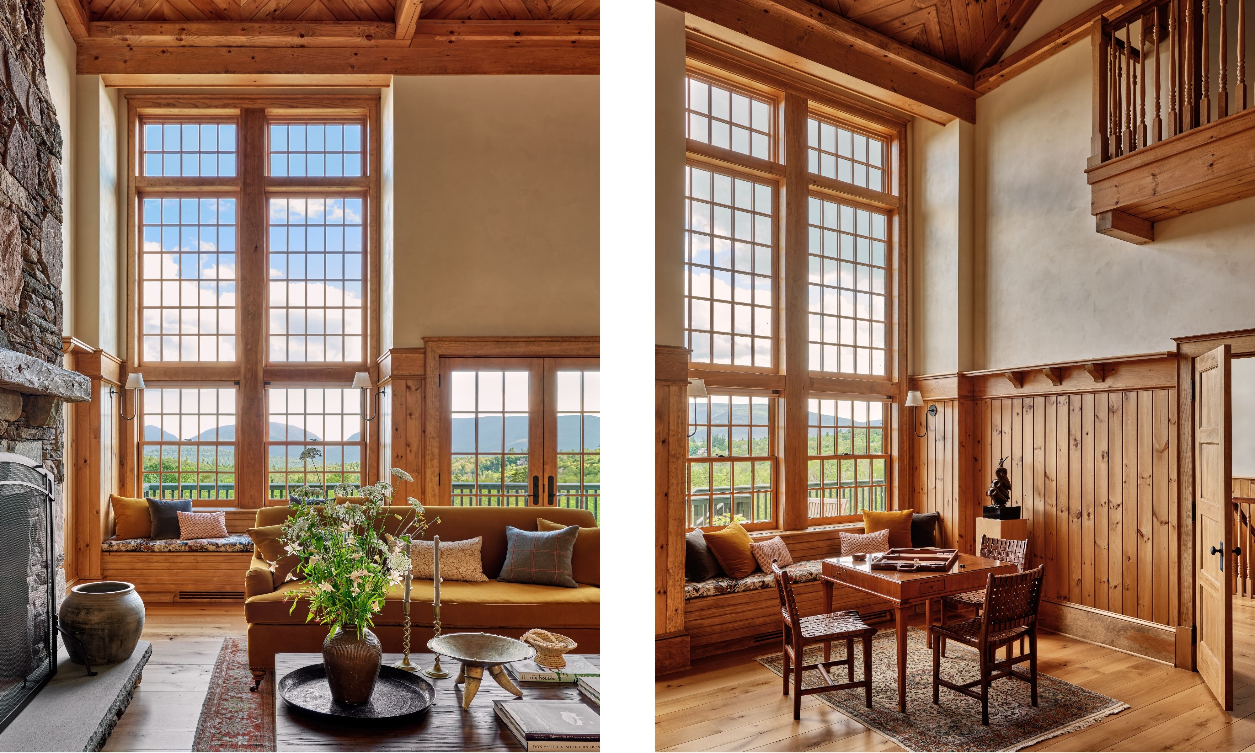 two side by side images of a large great room with vast windows and a stone fireplace with another tall room with a small games table and window seat