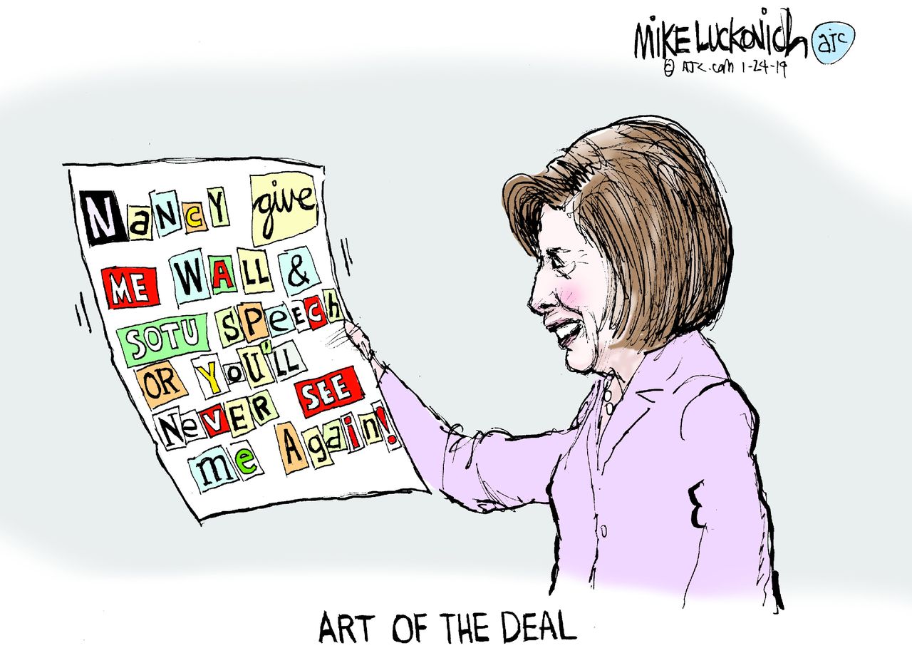 Political cartoon U.S. Trump Nancy Pelosi government shutdown state of the union